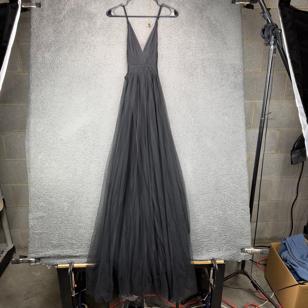 Luxxel Black Tulle V-Neck Maxi Dress Small Goth Fairycore Formal Evening Gown